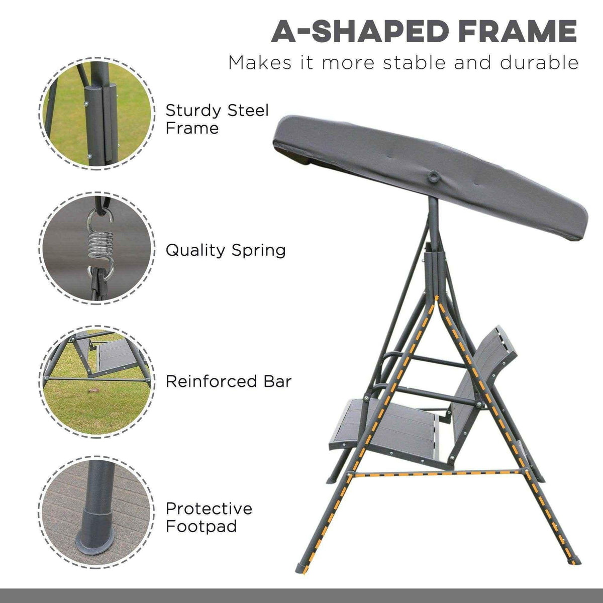 Sturdy A-frame swing with steel construction, quality spring, reinforced bar, and protective footpads for outdoor use