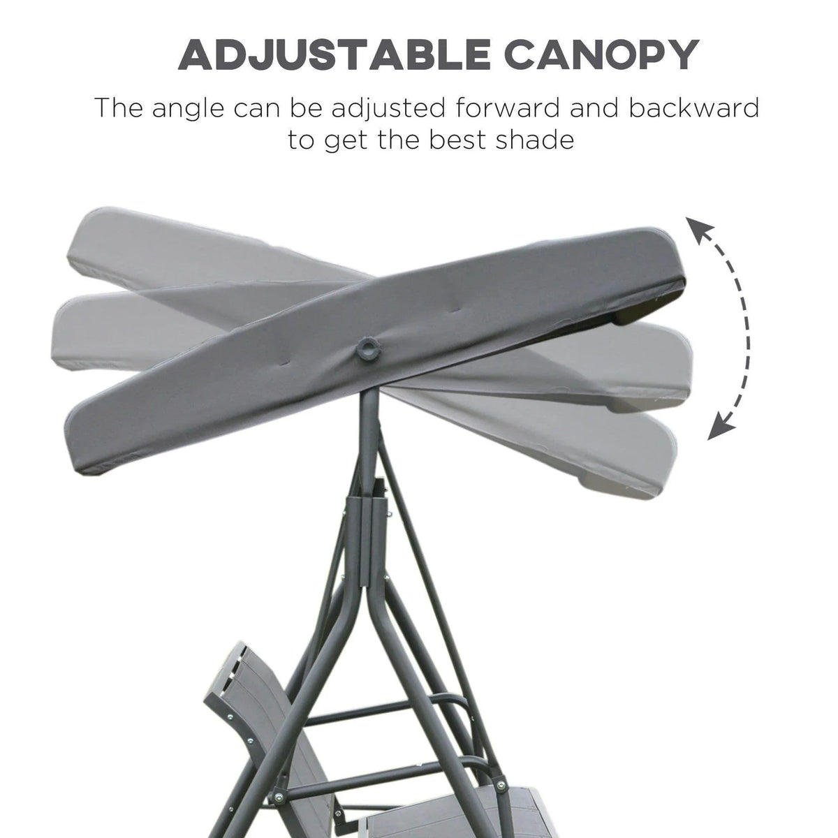 Adjustable canopy for outdoor swing, tilts forward and back for optimal shade, perfect for garden relaxation.