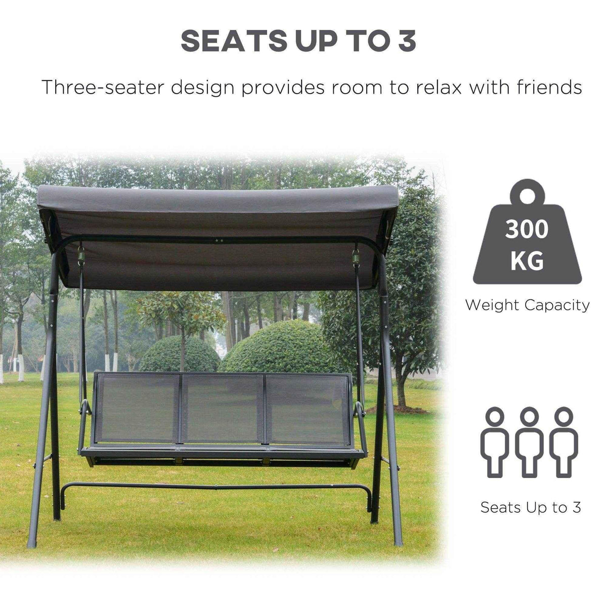 3-seater outdoor swing bench with canopy, 300kg capacity, perfect for garden relaxation