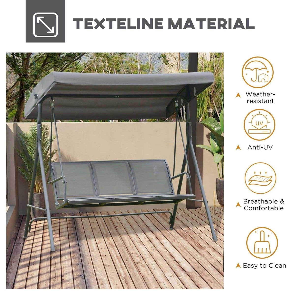 Weather-resistant outdoor patio swing with canopy, anti-UV Texteline material, breathable comfort on wooden deck