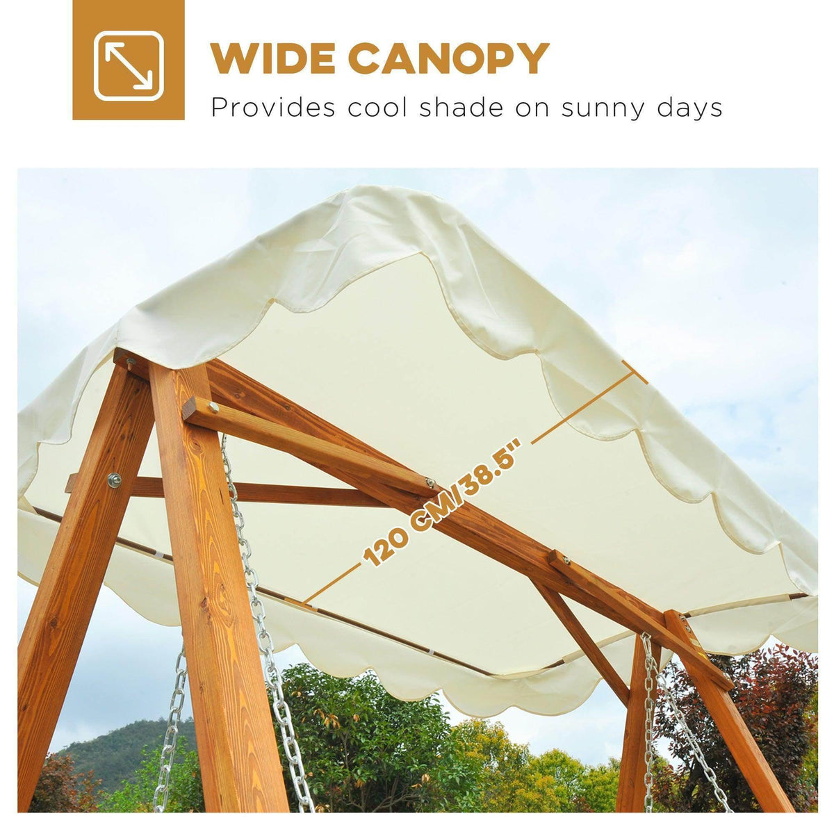 Wide cream canopy on wooden swing frame, 120cm shade for sunny garden days