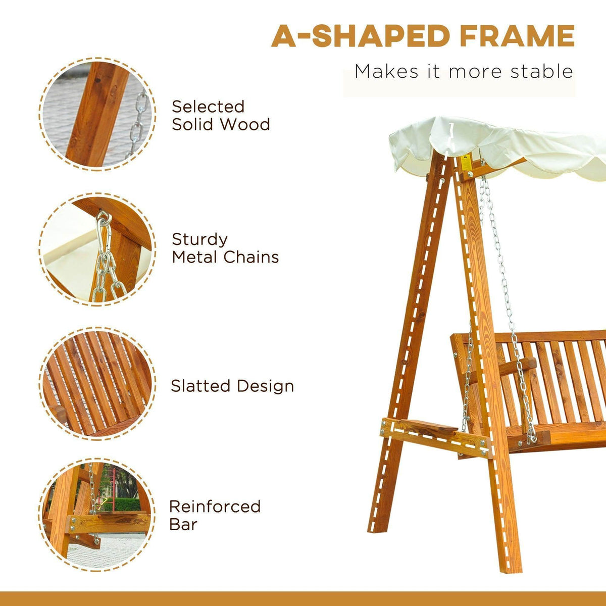 Wooden garden swing with A-frame, solid wood, metal chains, slatted seat, and canopy for outdoor relaxation