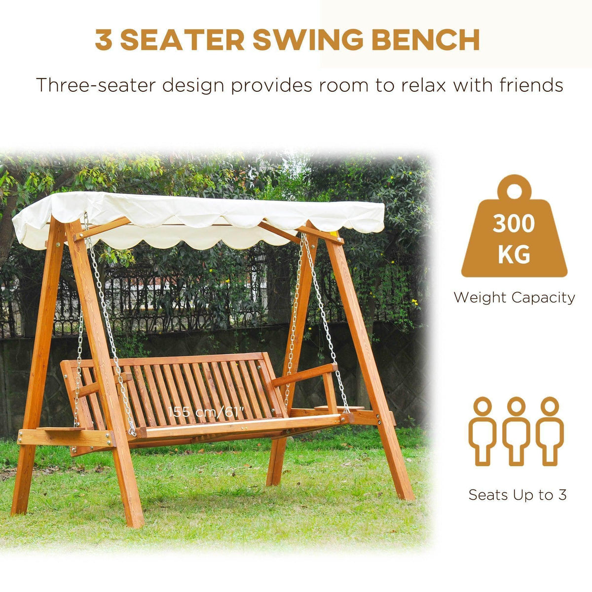 3-seater wooden swing bench with canopy, perfect for garden relaxation, seats up to 3, 300kg capacity