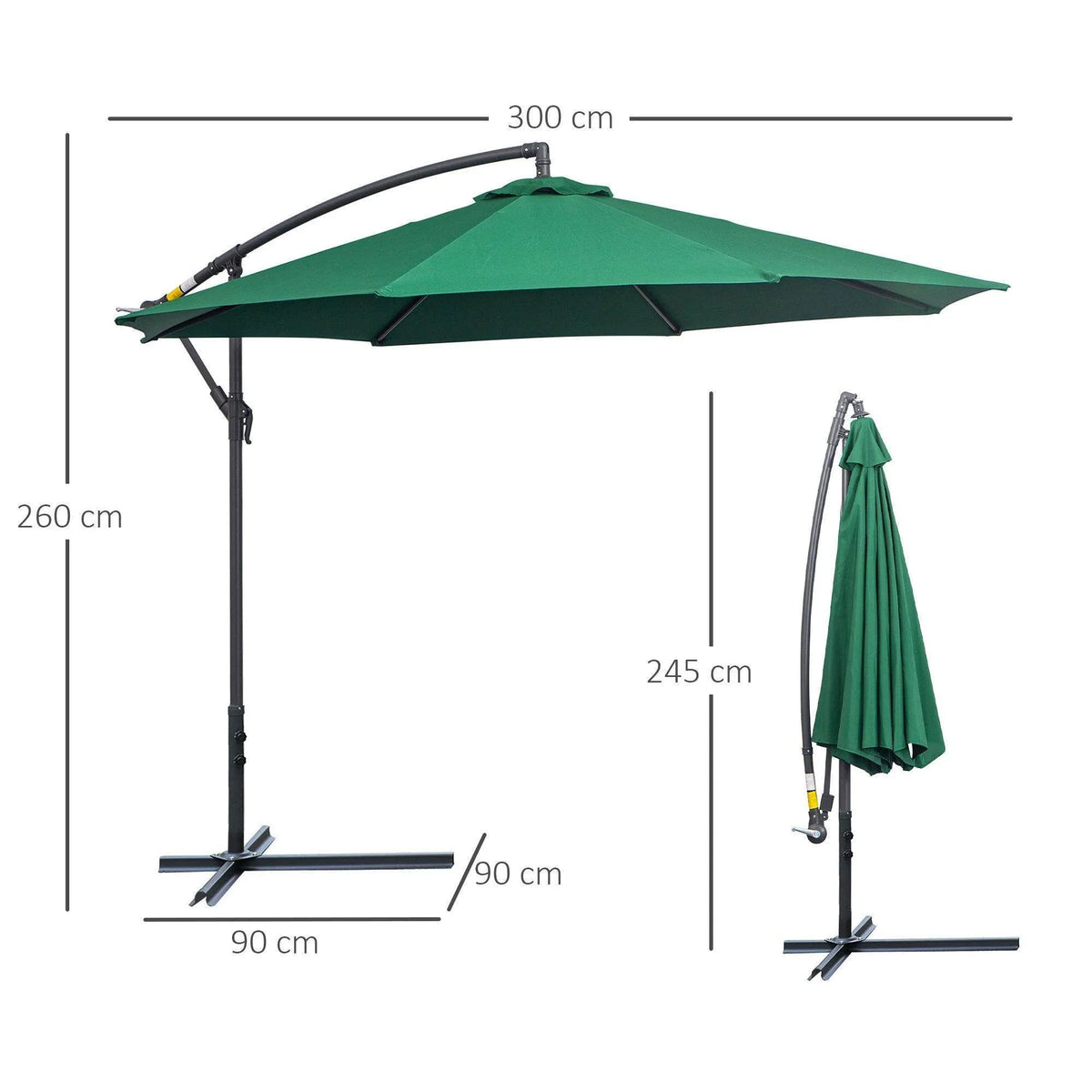Green 3m cantilever patio umbrella with dimensions, ideal for garden shade and outdoor spaces