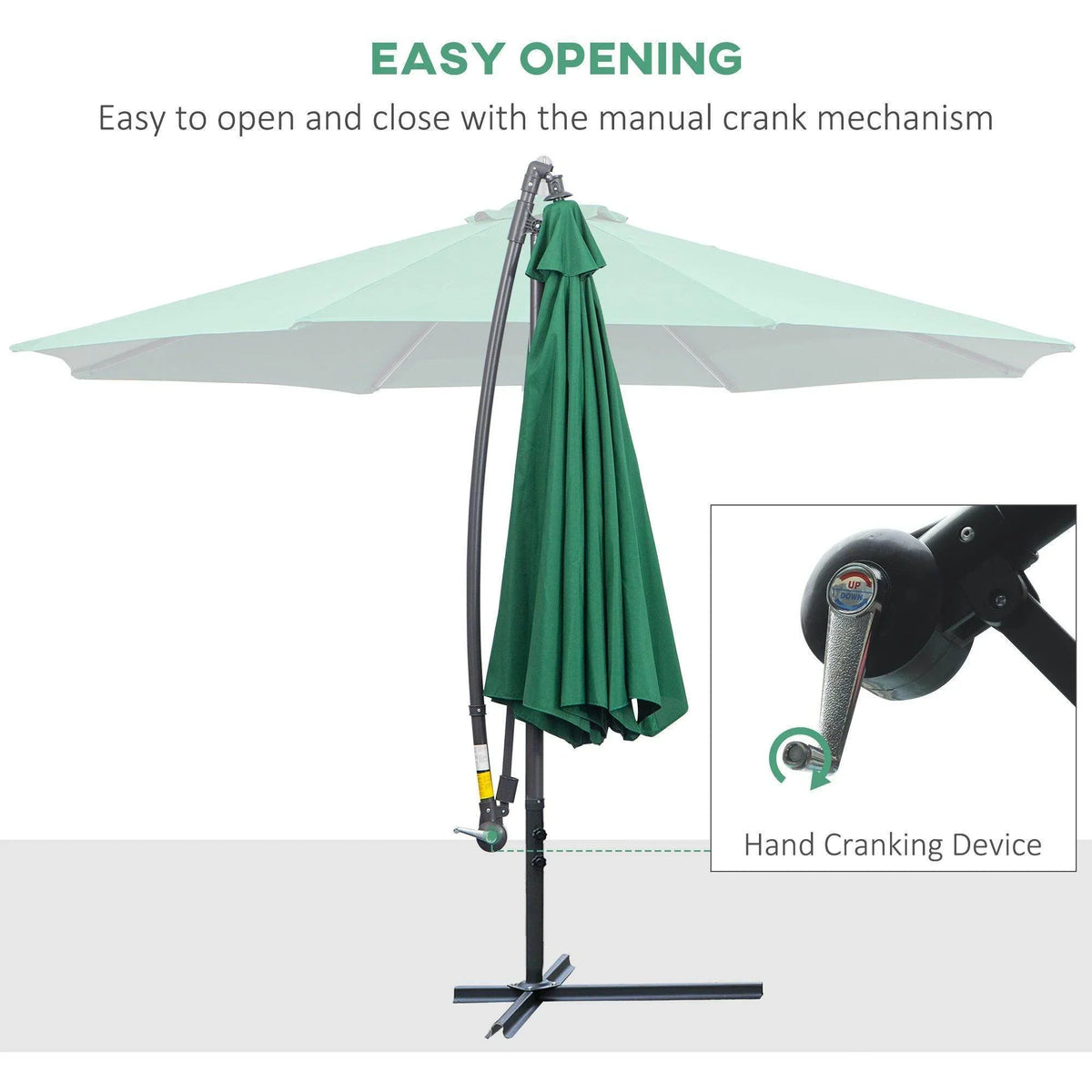 Green outdoor patio umbrella with manual crank opening mechanism for easy use