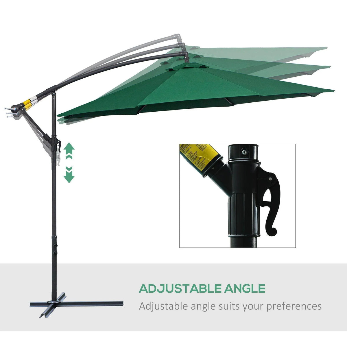 Green cantilever patio umbrella with adjustable angle for outdoor shade, featuring black pole and cross base.