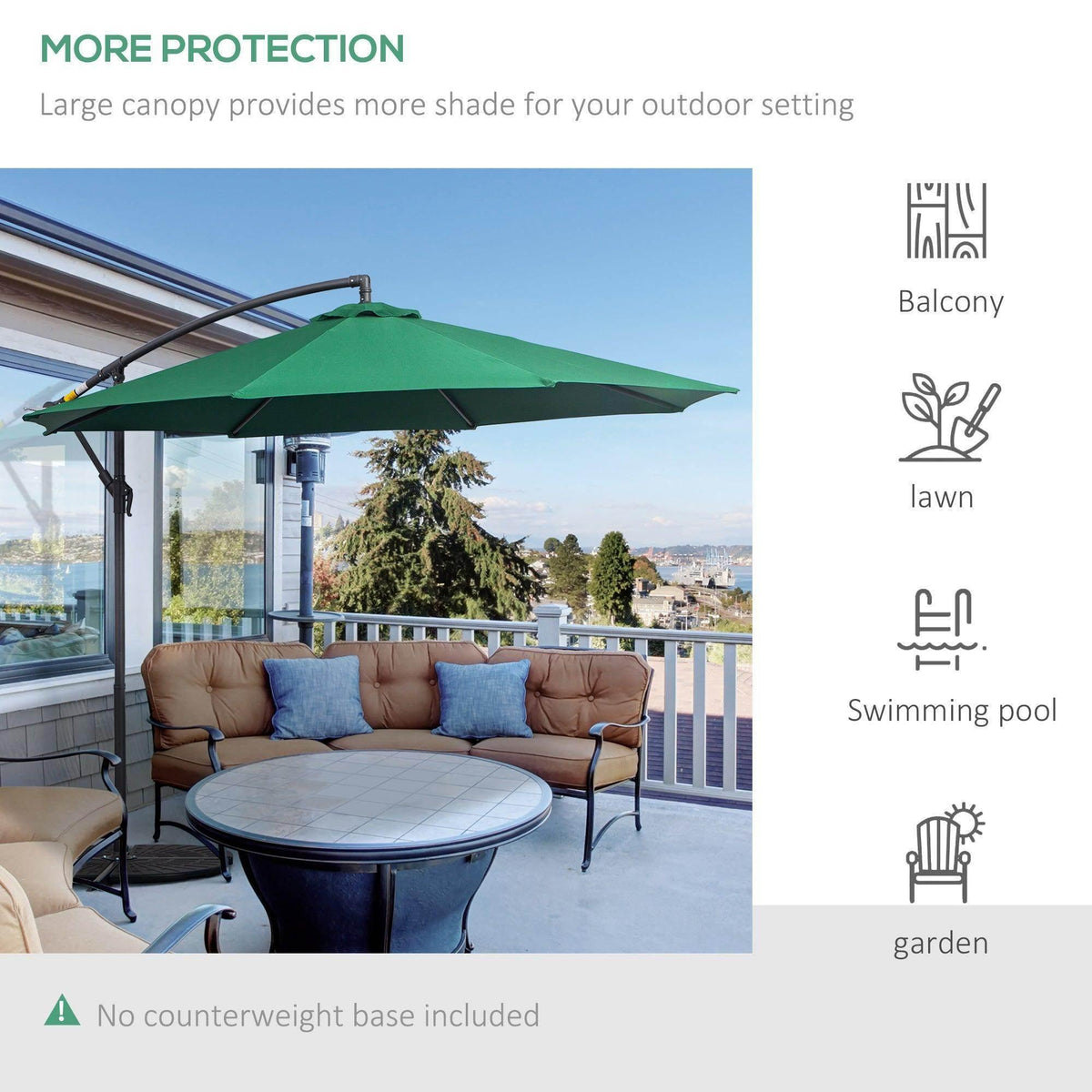Green cantilever patio umbrella shading outdoor sofa and table on balcony, ideal for garden, lawn, or poolside use