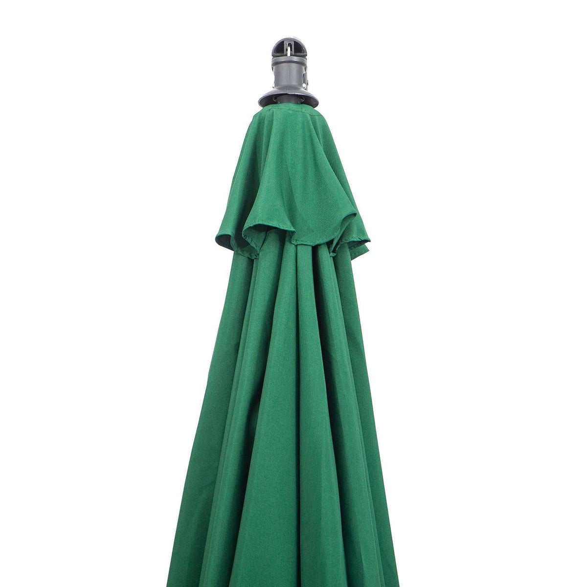 Green outdoor patio umbrella with gray top, ideal for garden shade and backyard relaxation