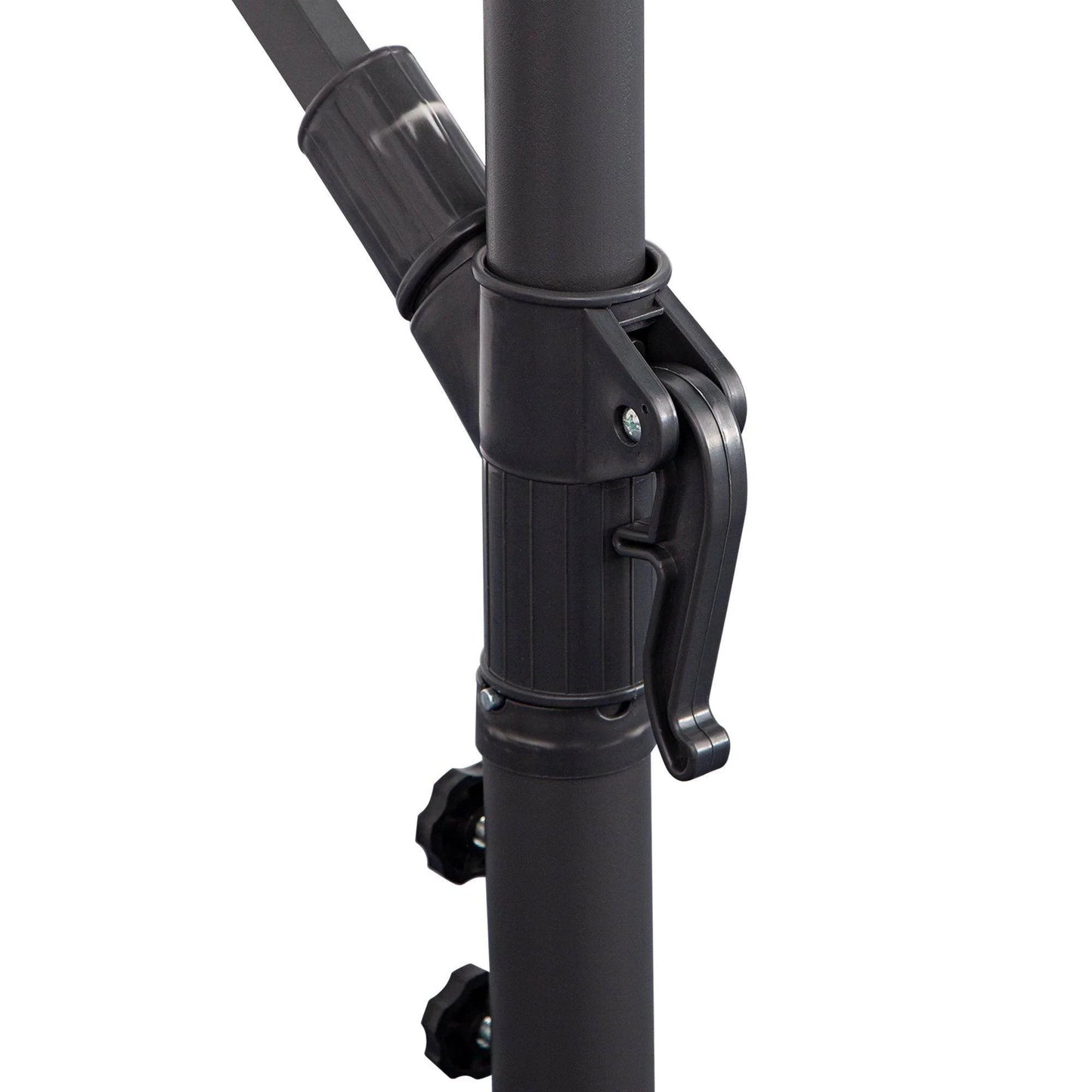 Close-up of black crank handle and locking mechanism on Outsunny 3m banana parasol pole