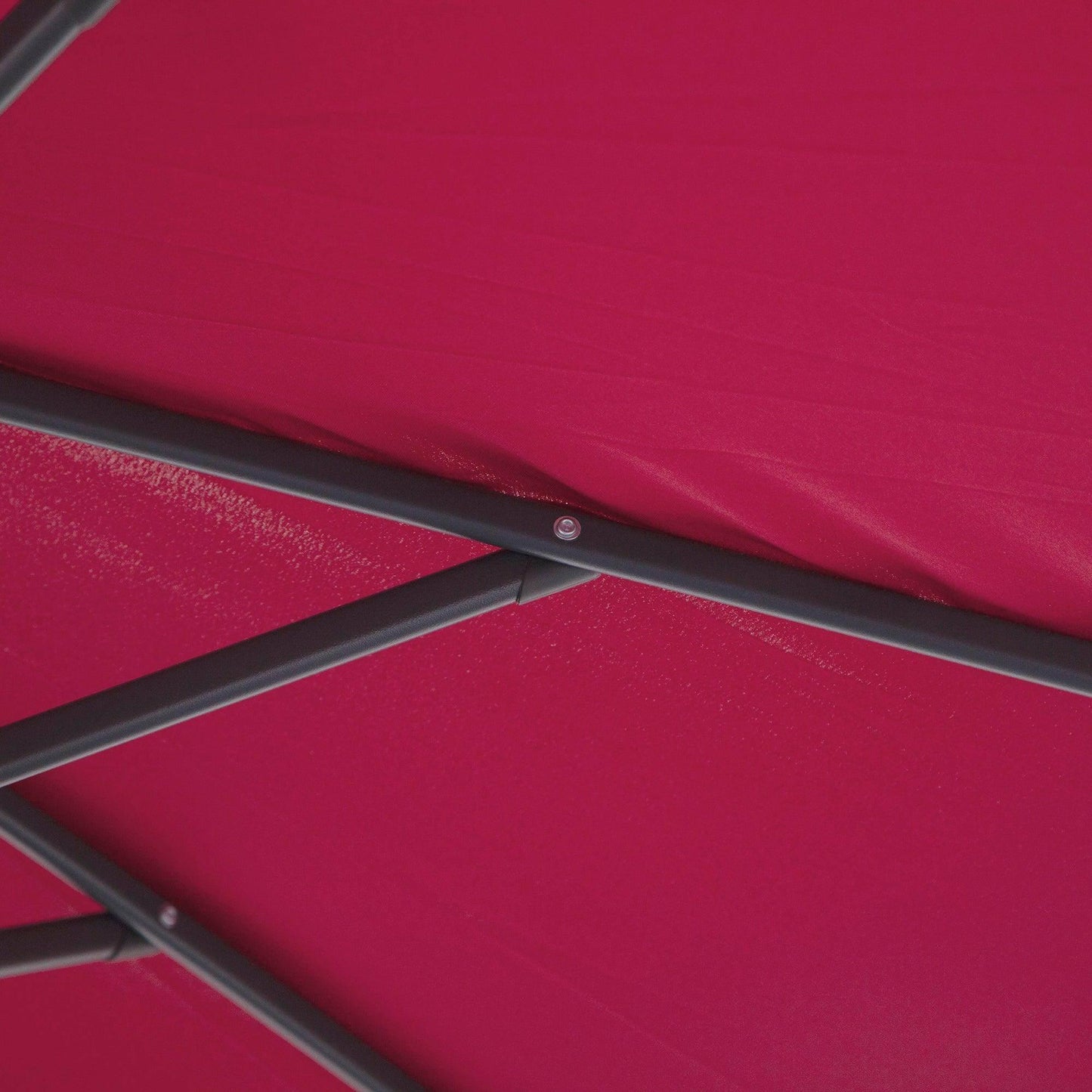 Close-up of wine red fabric and dark metal frame of Outsunny 3m garden banana parasol