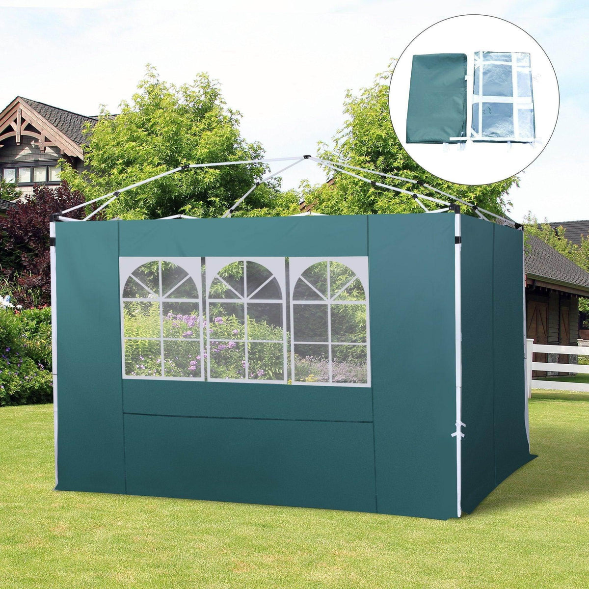 Green garden gazebo with arched window panels on lawn, ideal for outdoor shade and patio use.