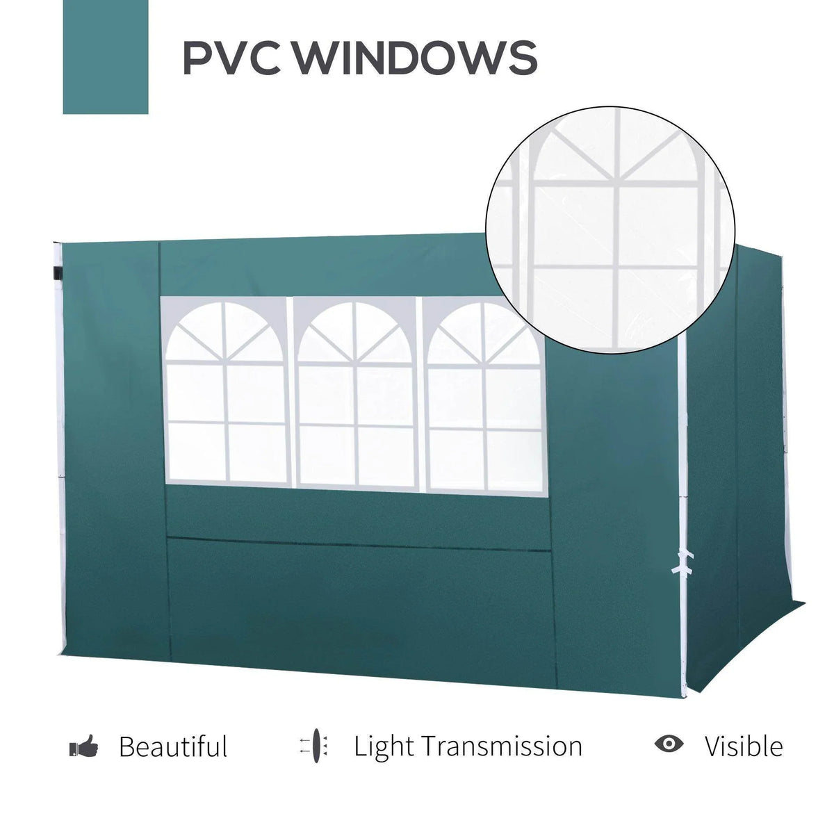 Green garden shed with PVC windows for light transmission and visibility, ideal for home and garden use.