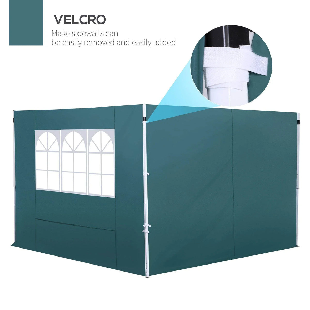 Green garden gazebo with Velcro side walls and arched window panels for easy setup