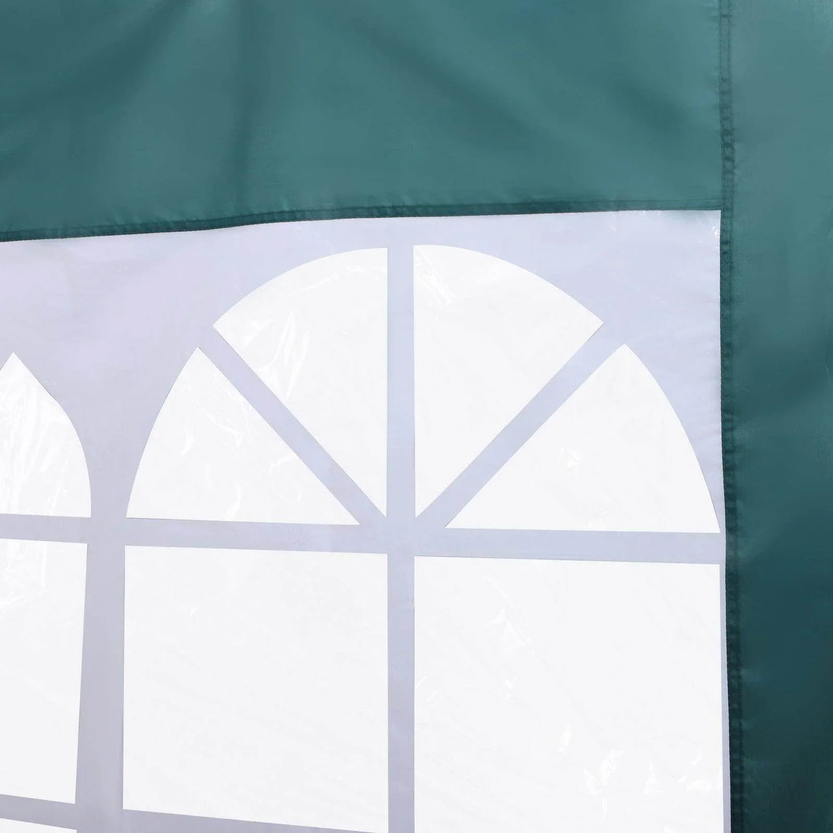 Green outdoor gazebo with clear window panels for garden shade and ventilation
