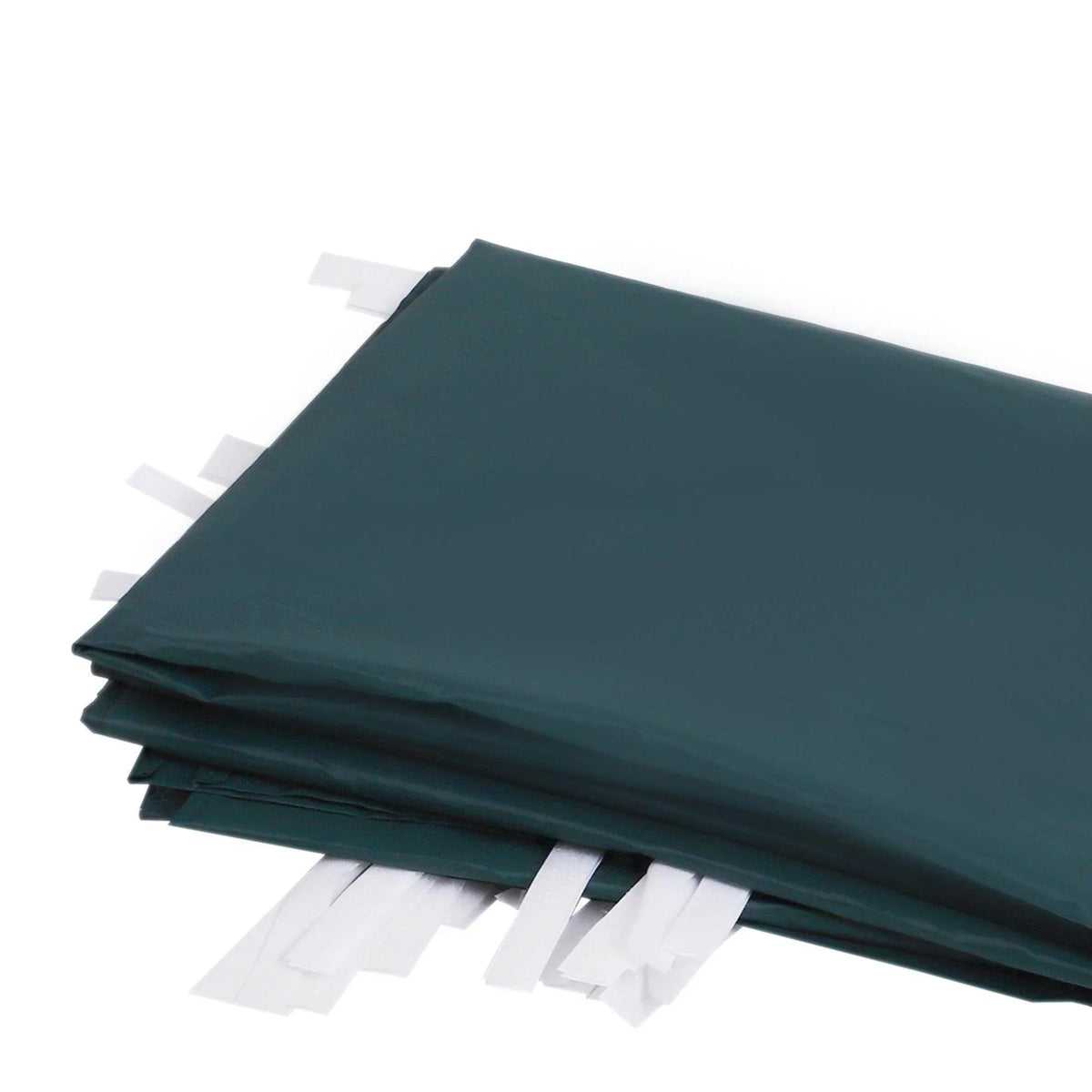 Folded dark green outdoor tarp with white tie-down straps for garden or home use