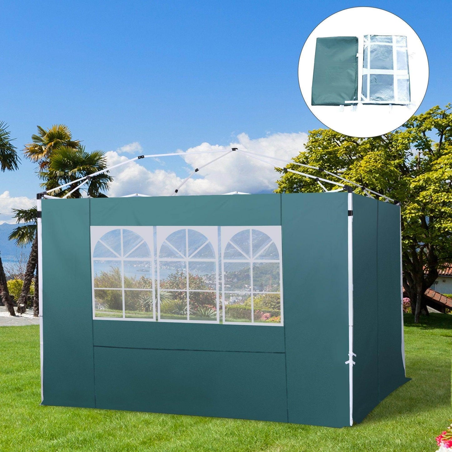 Green Outsunny 3m gazebo with exchangeable side panel and window, set up on grass outdoors