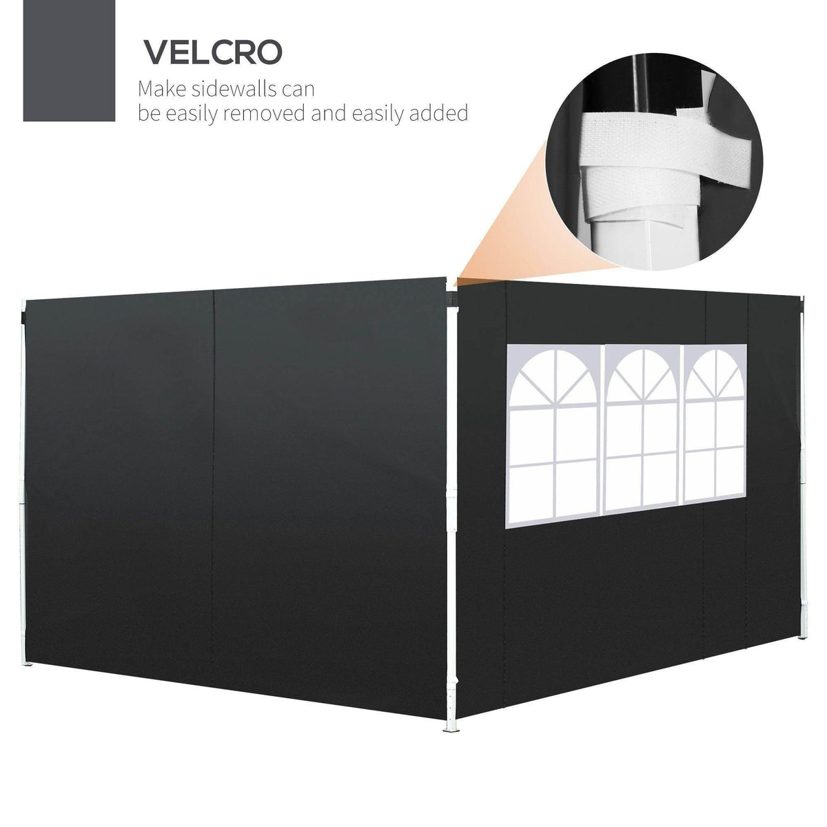 Black outdoor gazebo with Velcro sidewalls and arched window panels for easy setup