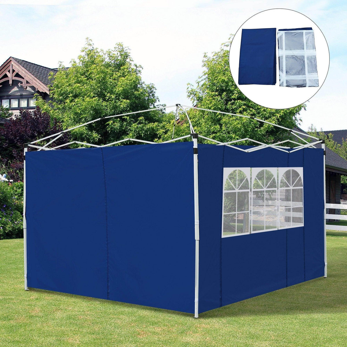 Blue pop-up gazebo with window panels set up on lawn, ideal for garden parties or outdoor events