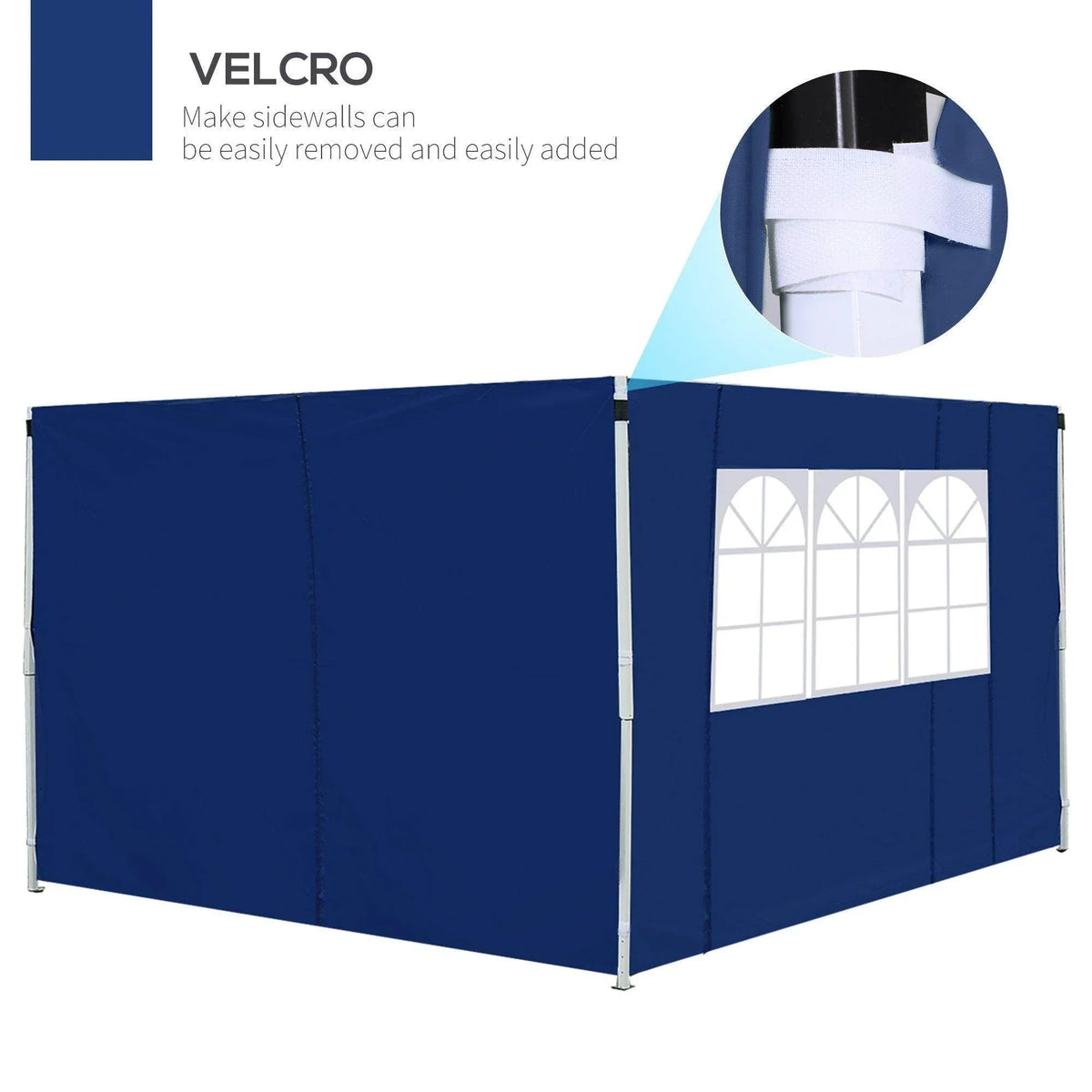 Blue outdoor gazebo with Velcro side walls and arched window panels for easy setup