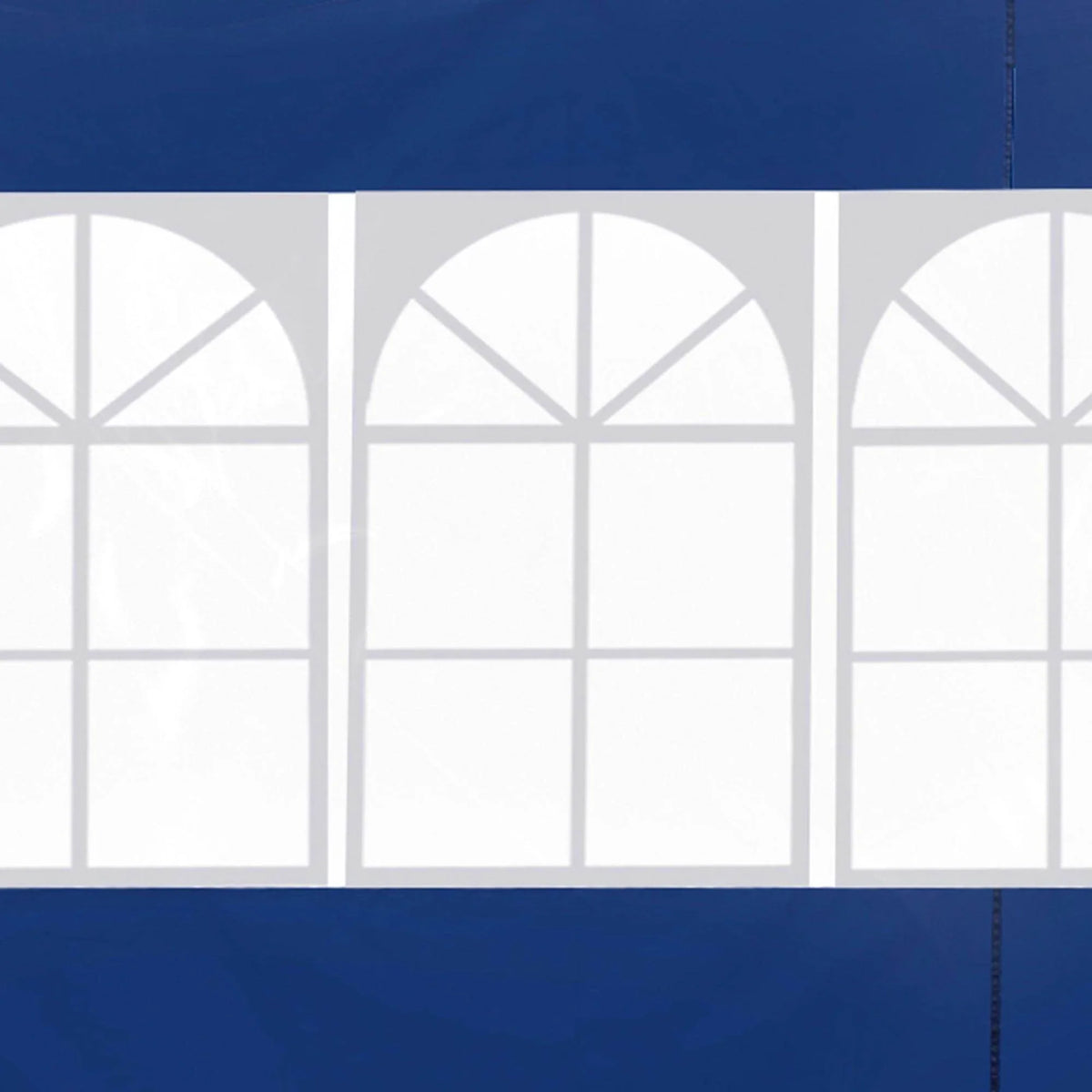 White arched window panels with grid design on blue background