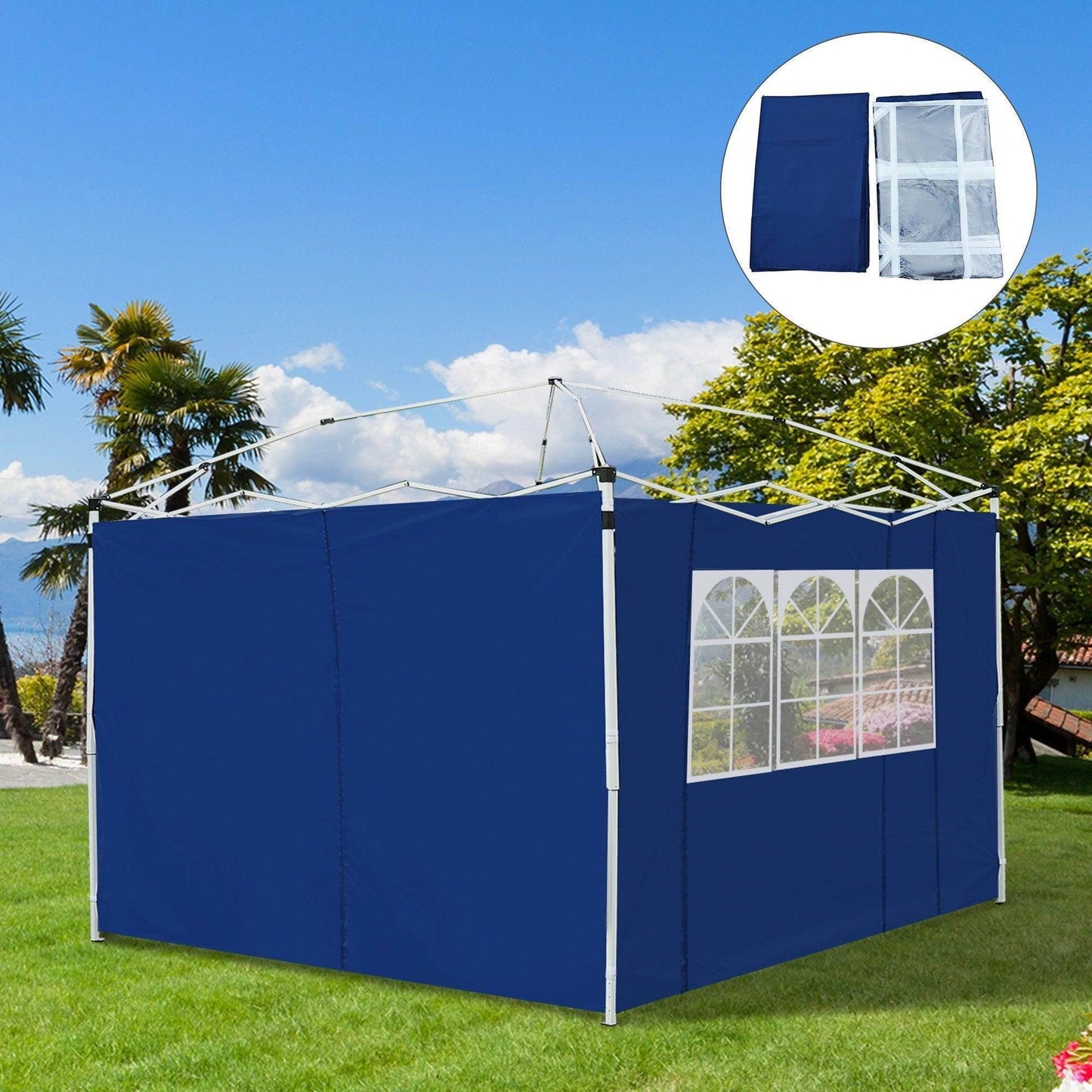 Blue 3m gazebo with exchangeable side panels and window, set up on grass in a garden.
