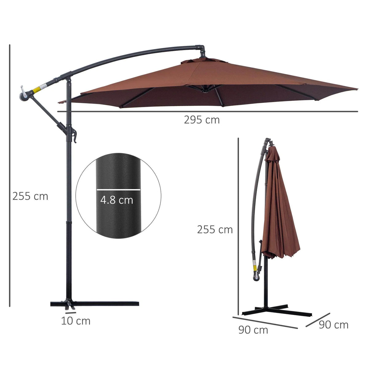 Brown cantilever patio umbrella with 295cm span, 255cm height, black pole, and 90cm base for garden shade