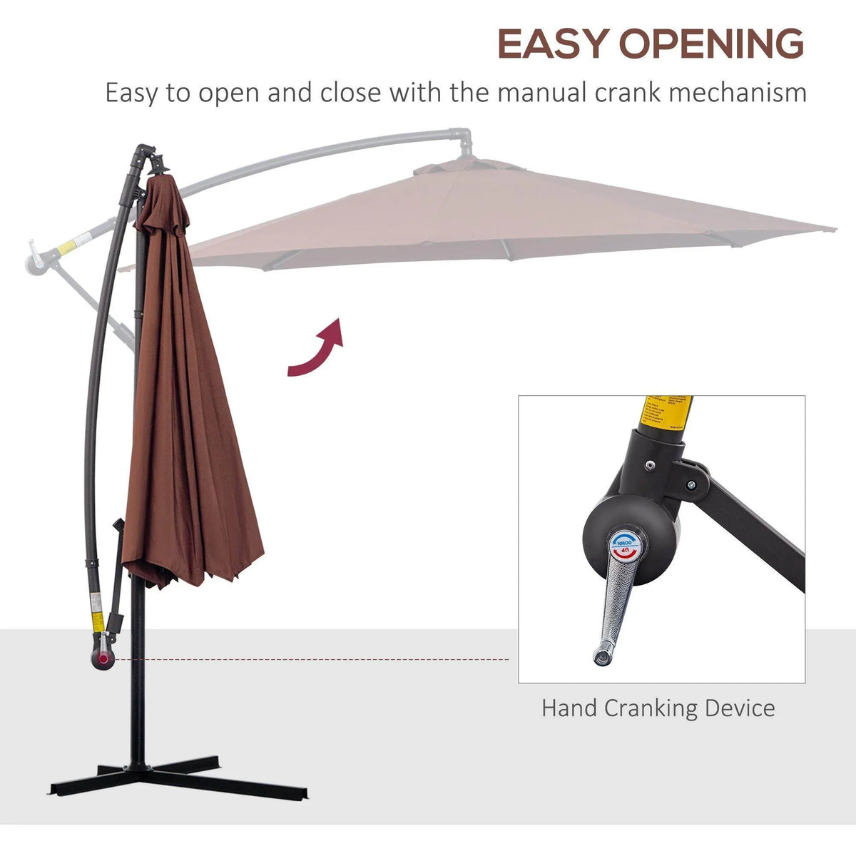 Brown cantilever patio umbrella with manual crank opening mechanism for easy use outdoors