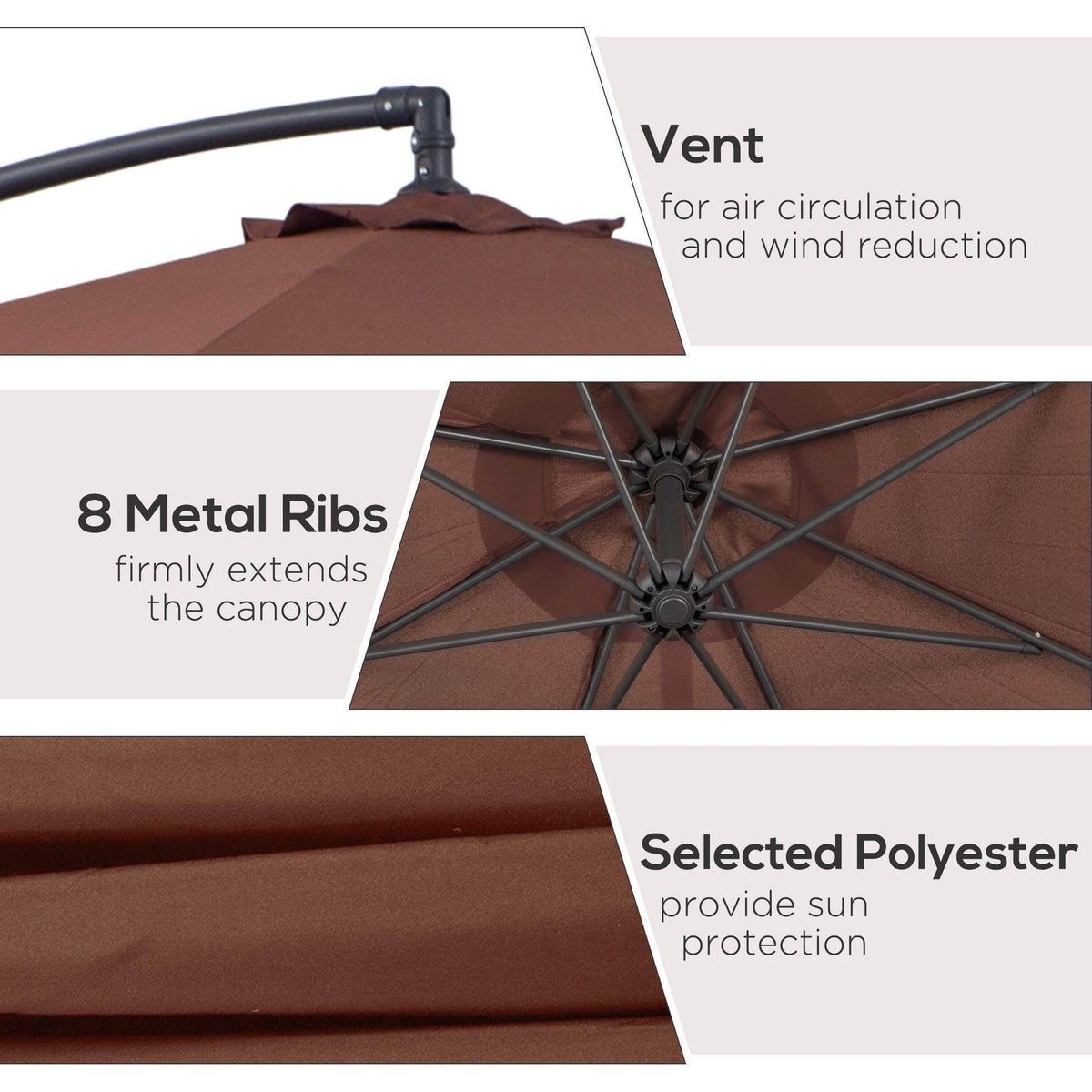 Brown patio umbrella with 8 metal ribs, vented canopy, and polyester fabric for sun protection