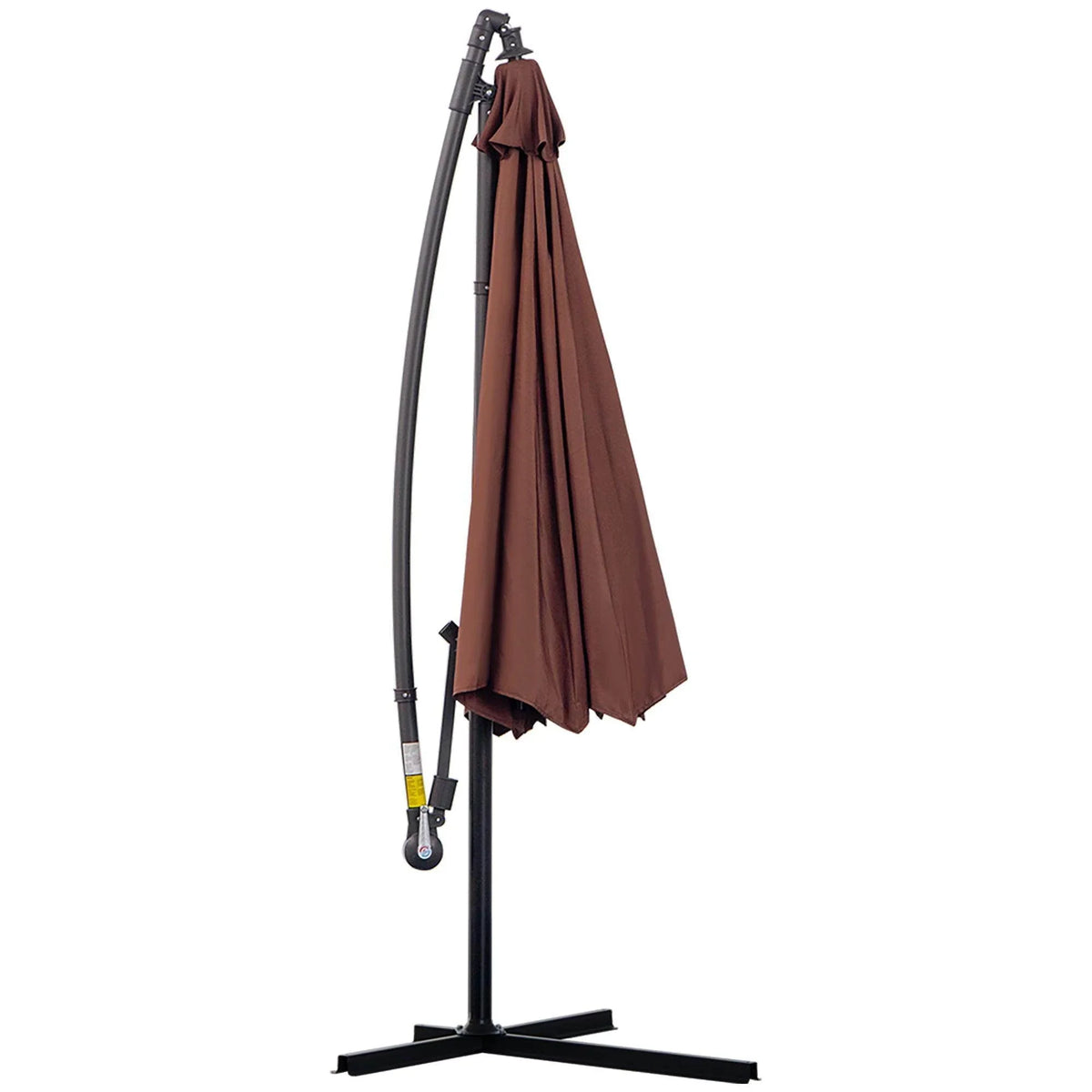 Brown cantilever patio umbrella with black metal stand, ideal for outdoor garden shade and backyard relaxation.