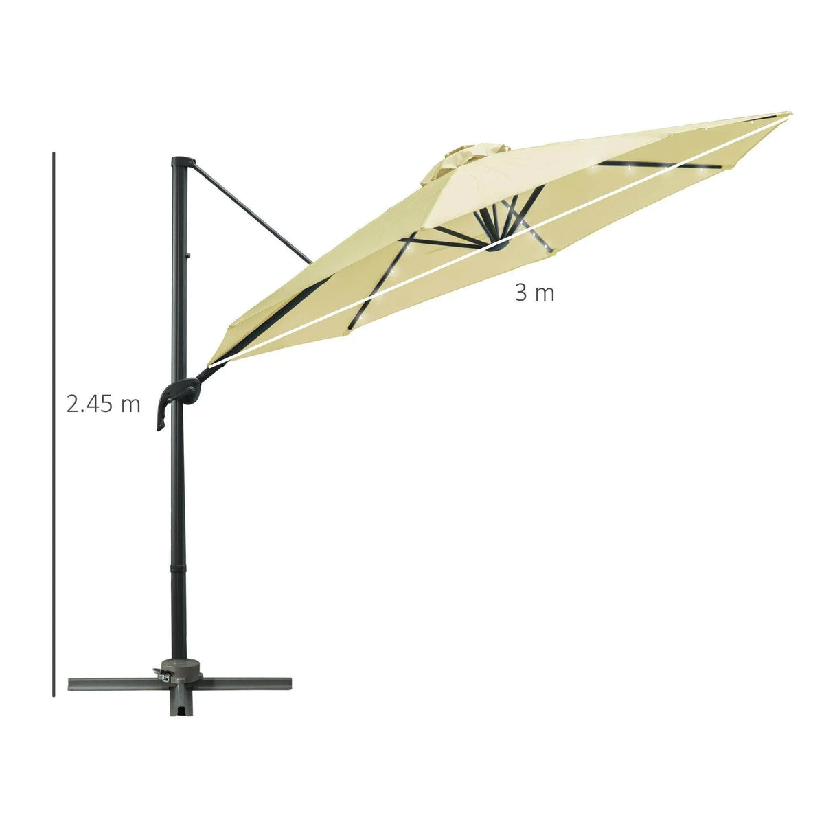 Beige offset umbrella tilted on black pole, side view