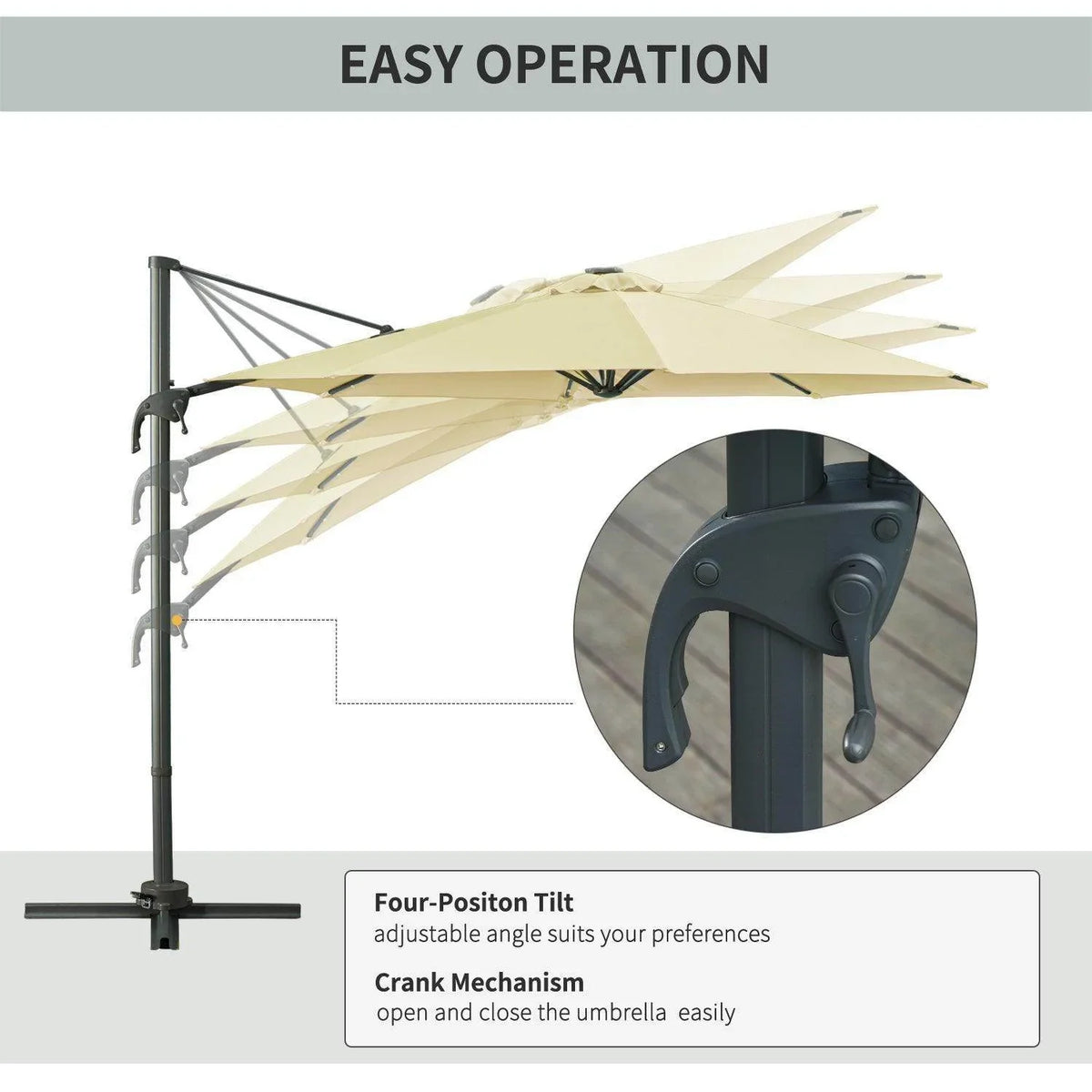 Beige umbrella canopy on black offset stand with tilt mechanism