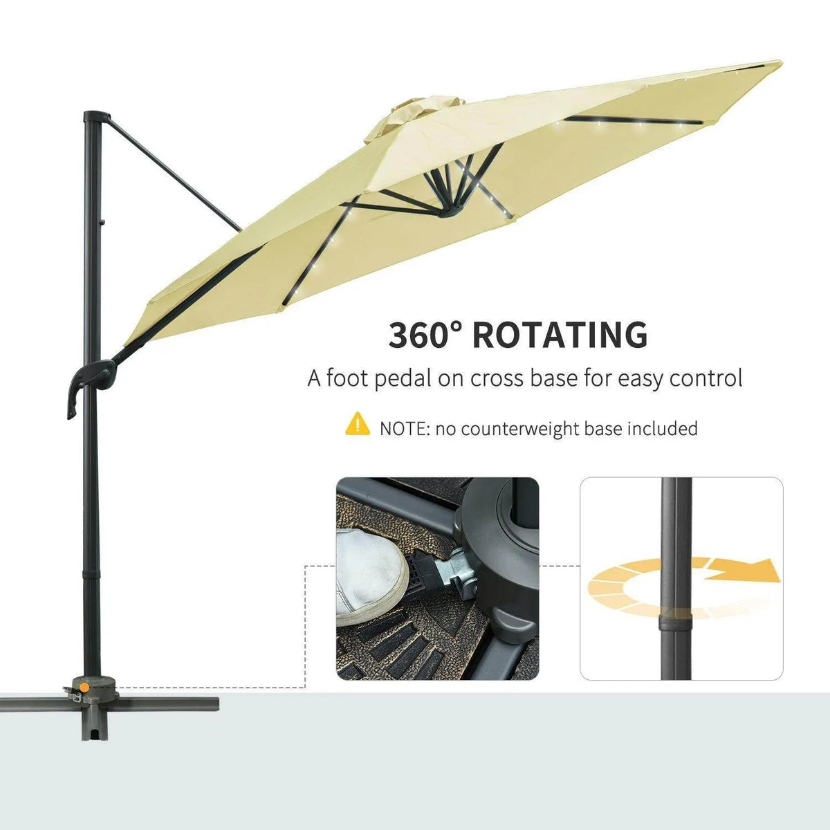 Beige offset garden umbrella on black pole with foot-pedal base