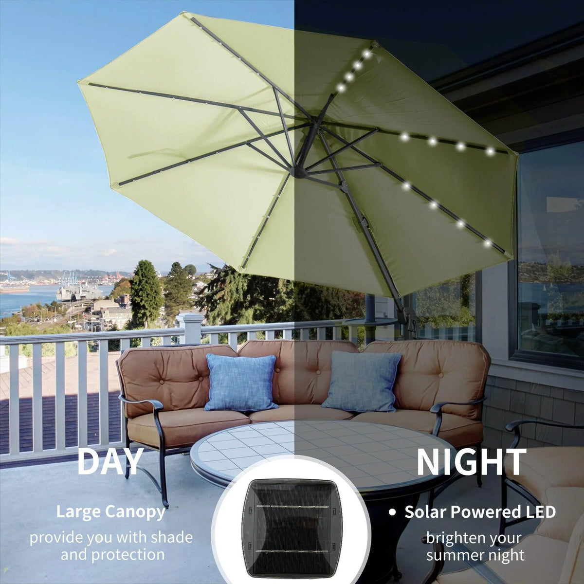 Beige umbrella with LED string lights on black offset frame
