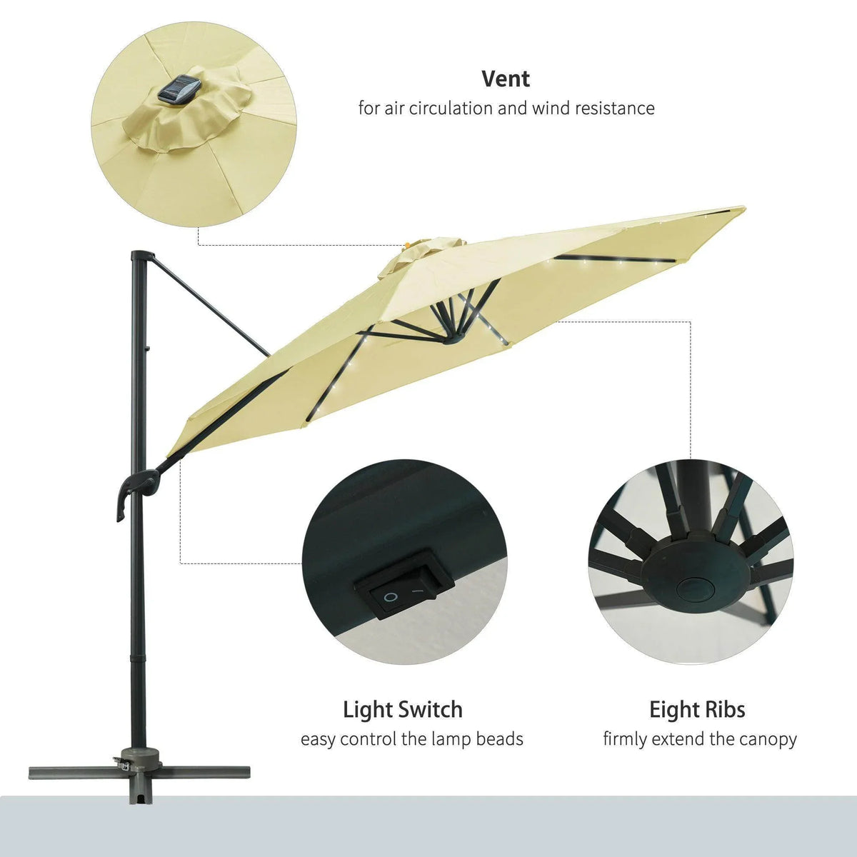 Beige umbrella canopy with vent panel, light switch control, and rib frame