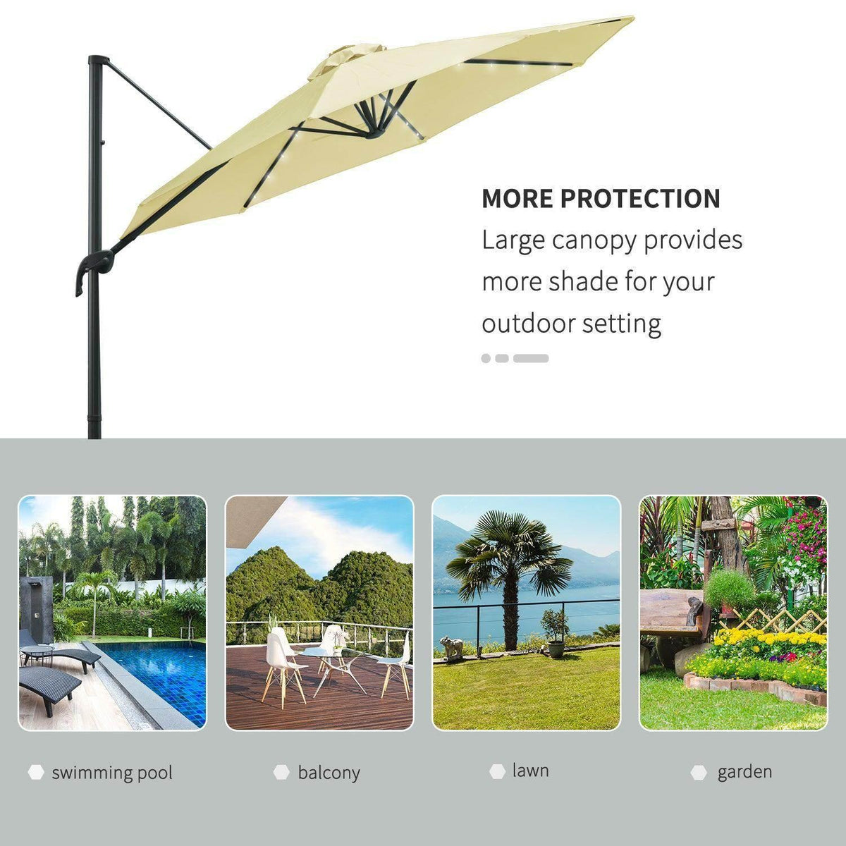 Beige offset garden umbrella with extended canopy on black pole