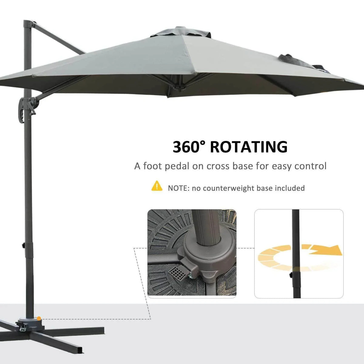 Dark grey patio umbrella with open canopy and cross base pedal control