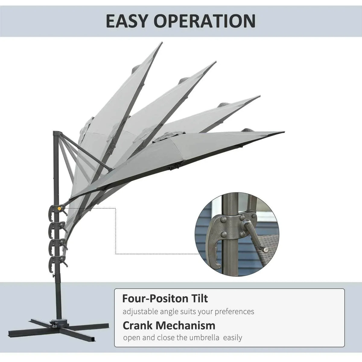 Dark grey patio umbrella with multi-position tilt crank mechanism