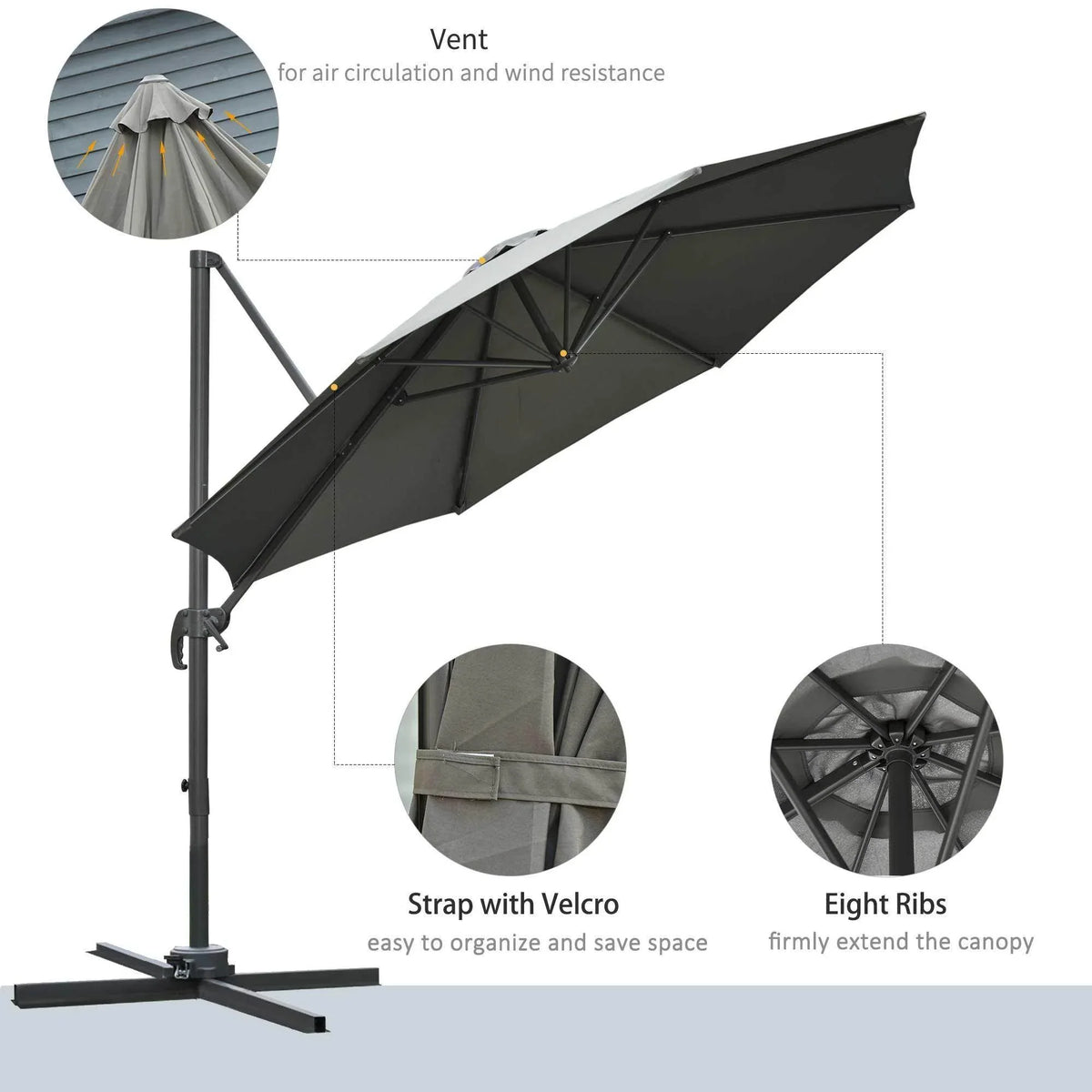Dark grey vented umbrella canopy with Velcro strap and rib support