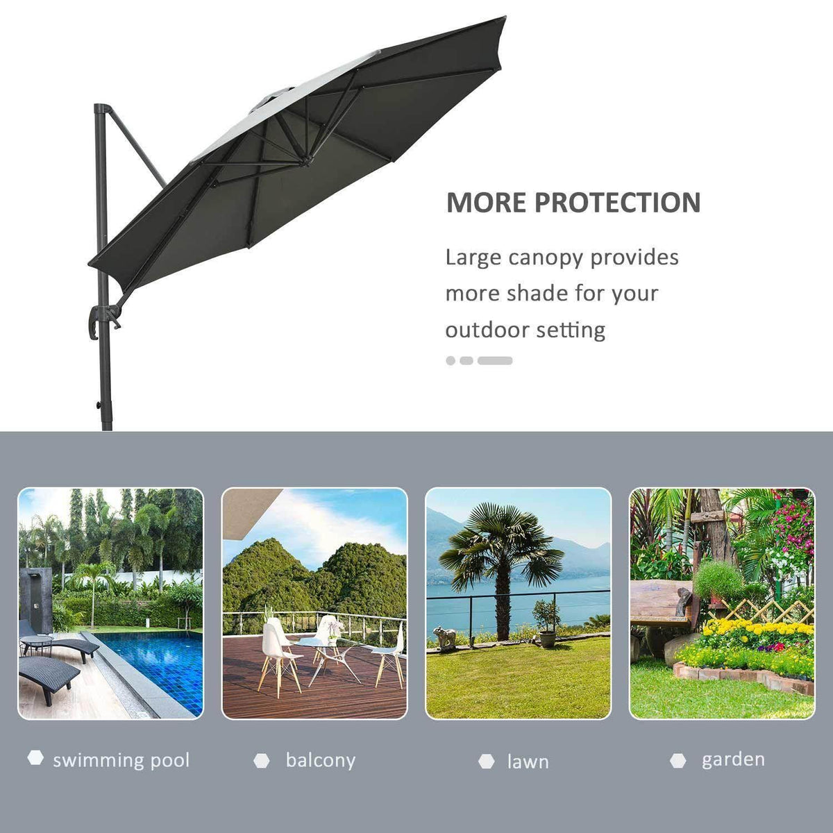 Dark grey patio umbrella with extended canopy and cross base pole