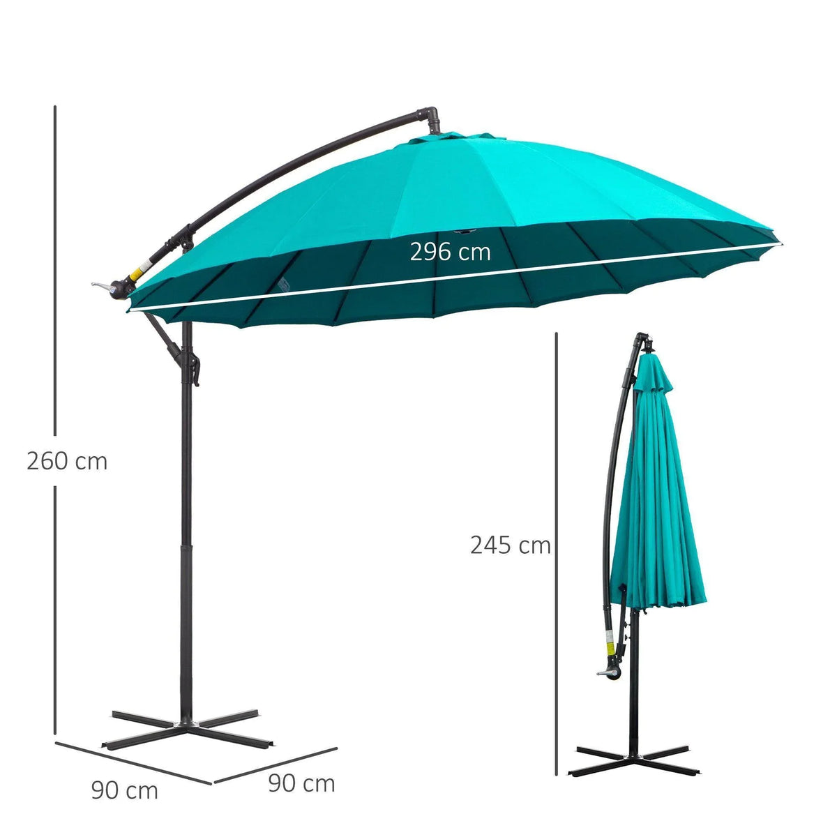 Turquoise cantilever umbrella with stand, hanging tassel, and arched canopy frame