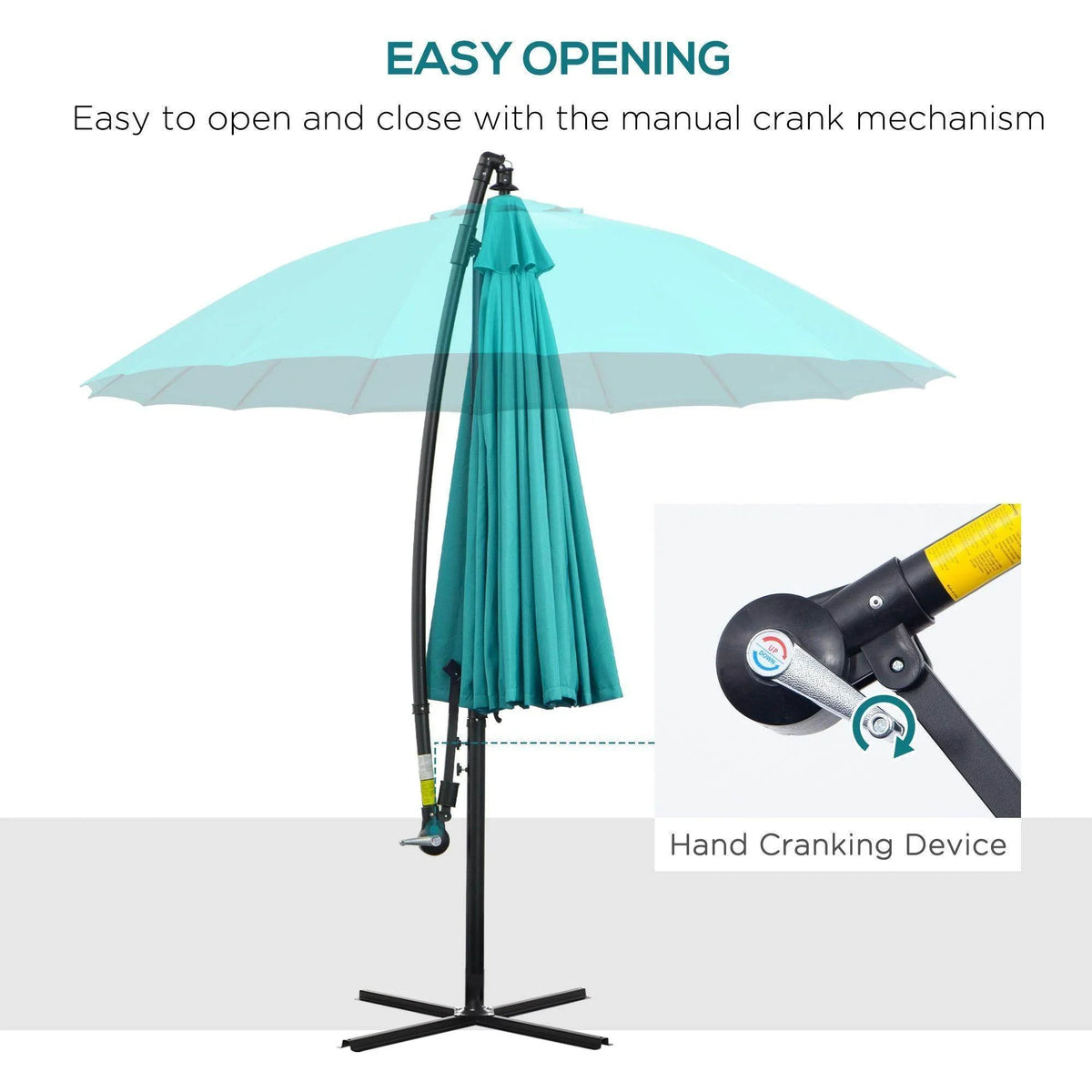 Turquoise cantilever umbrella with manual crank pole and hanging fabric tassel