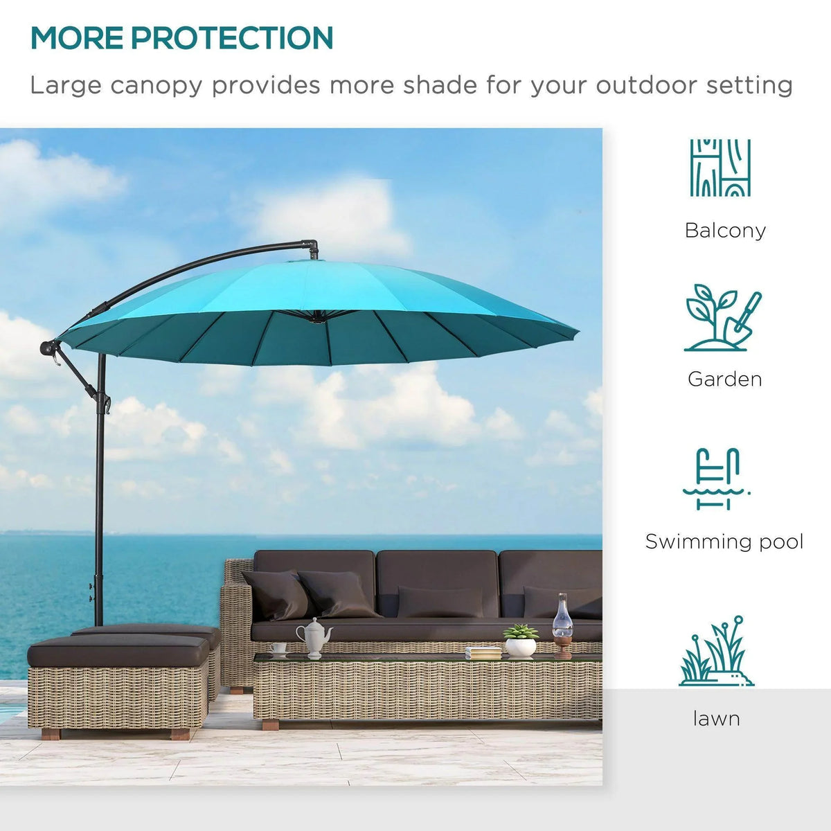 Turquoise cantilever umbrella with large canopy on black pole for outdoor shade