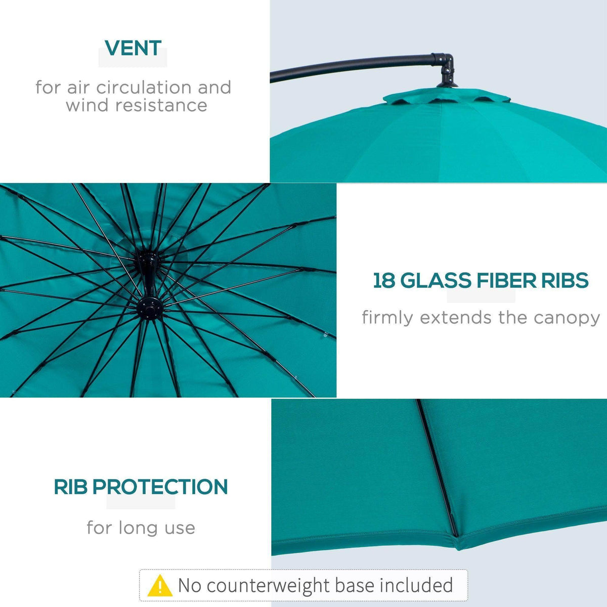 Turquoise umbrella canopy with 18 glass-fiber ribs and vented design details