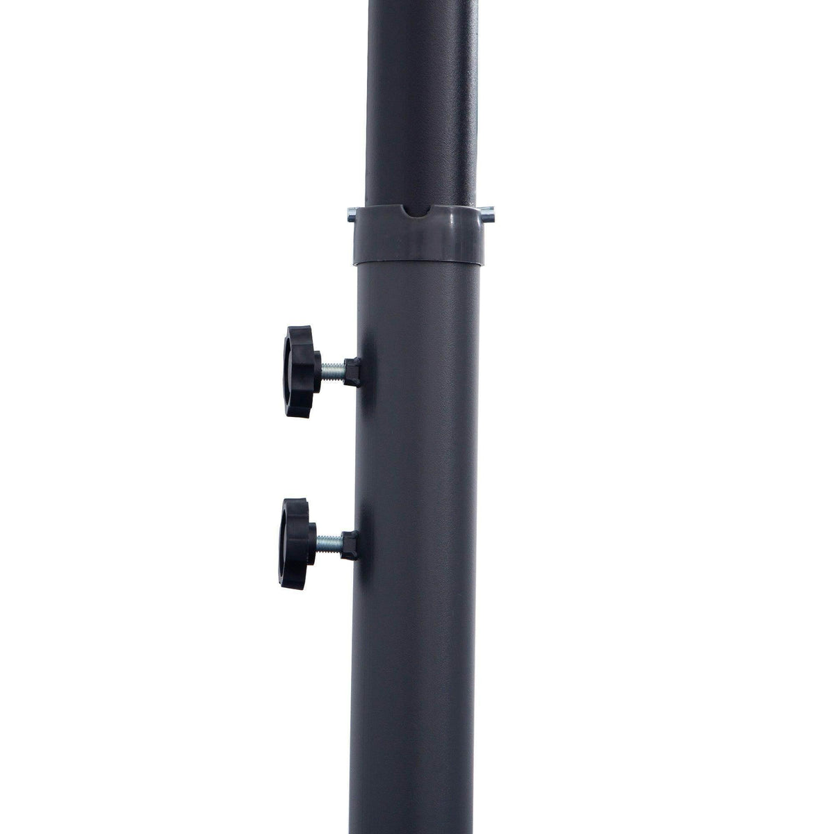 Black umbrella pole clamp with adjustment knobs on a cantilever support