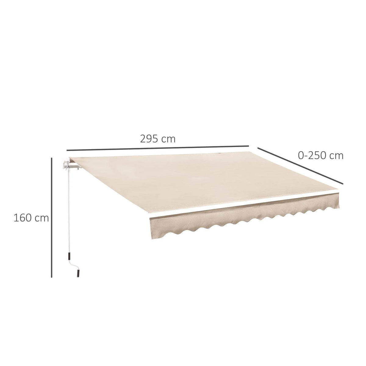 Beige retractable patio awning with dimensions, ideal for garden shade and outdoor living spaces.