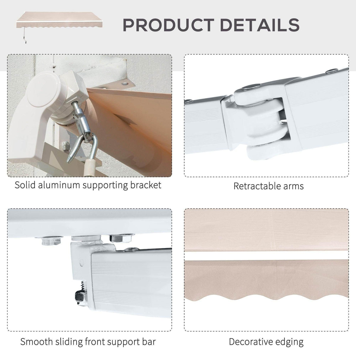 Retractable patio awning with solid aluminum bracket, smooth sliding bar, and decorative scalloped edging