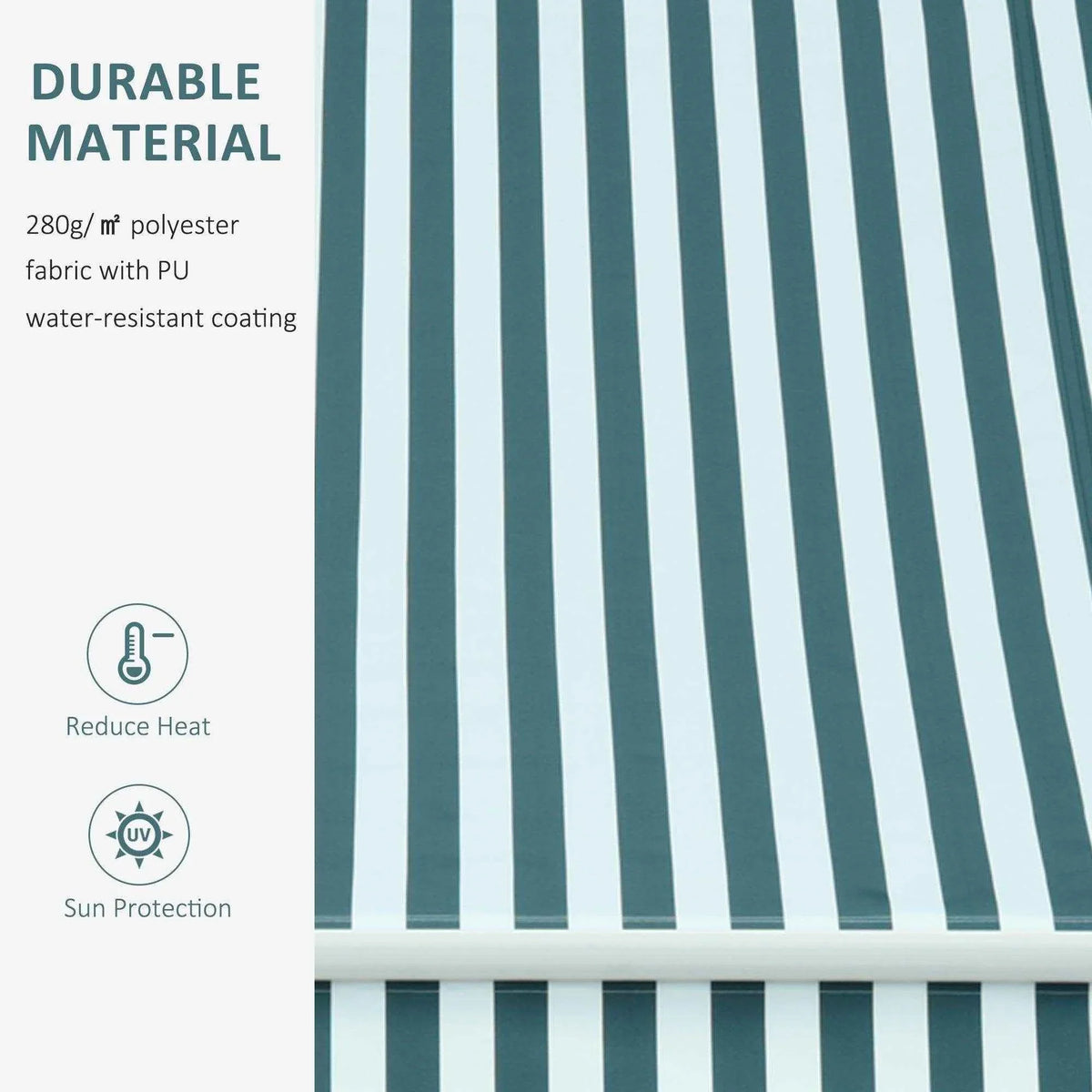 Green and white striped outdoor awning fabric with UV protection and heat reduction features