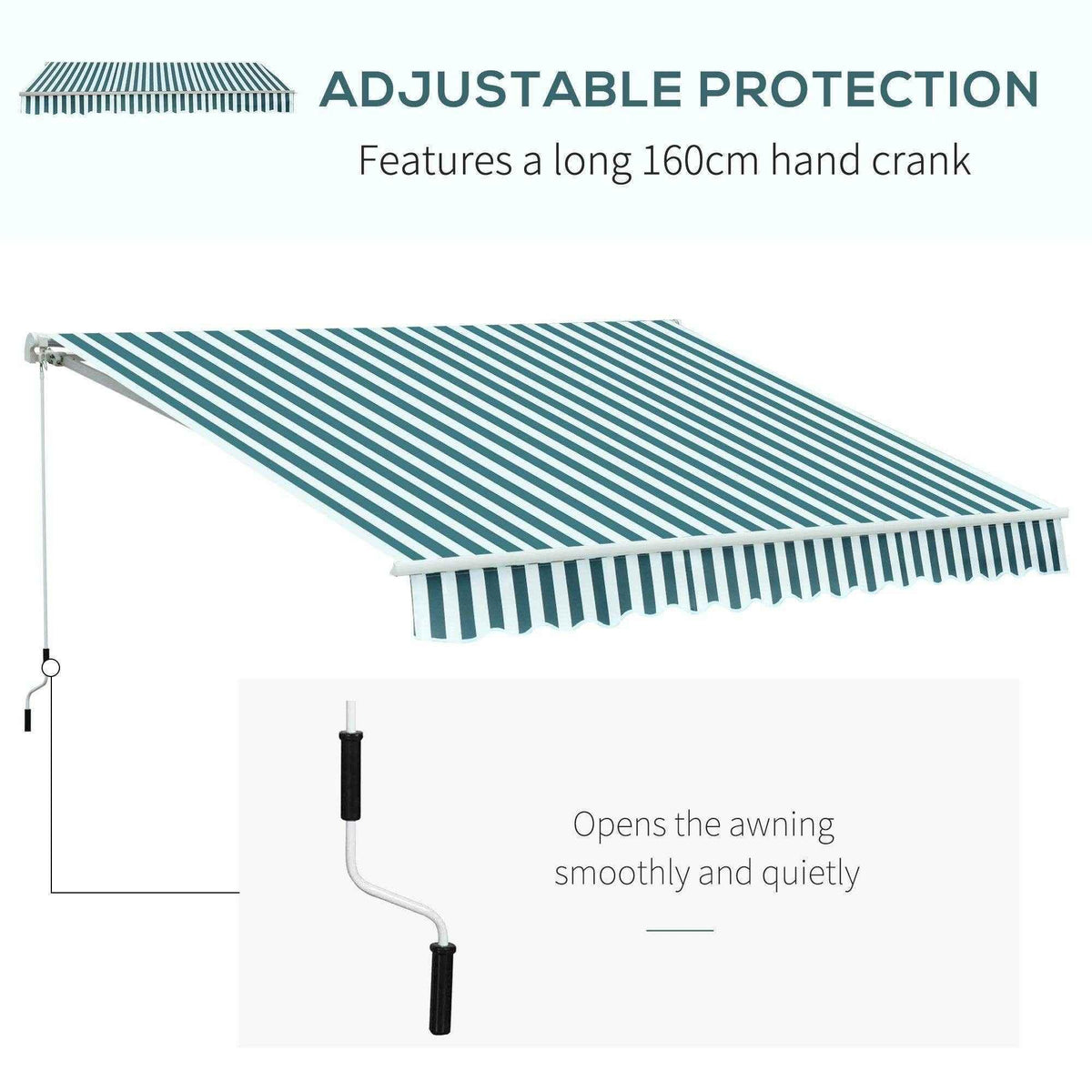 Striped outdoor awning with 160cm hand crank for smooth, quiet adjustment
