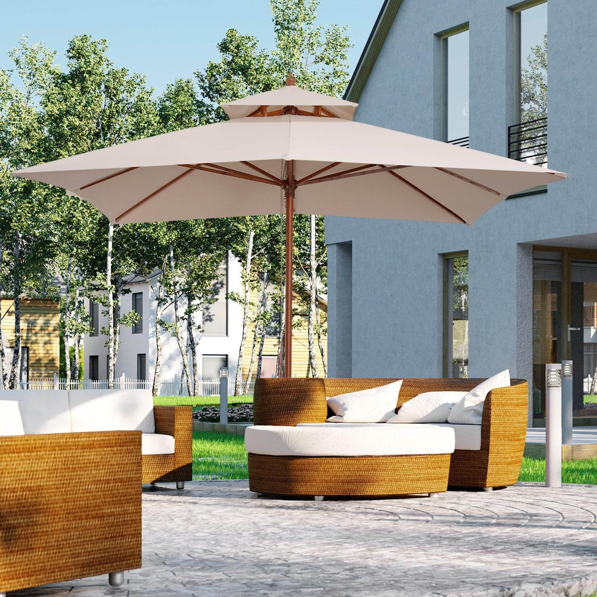 Beige 3x3 m patio parasol with open canopy and central wooden pole