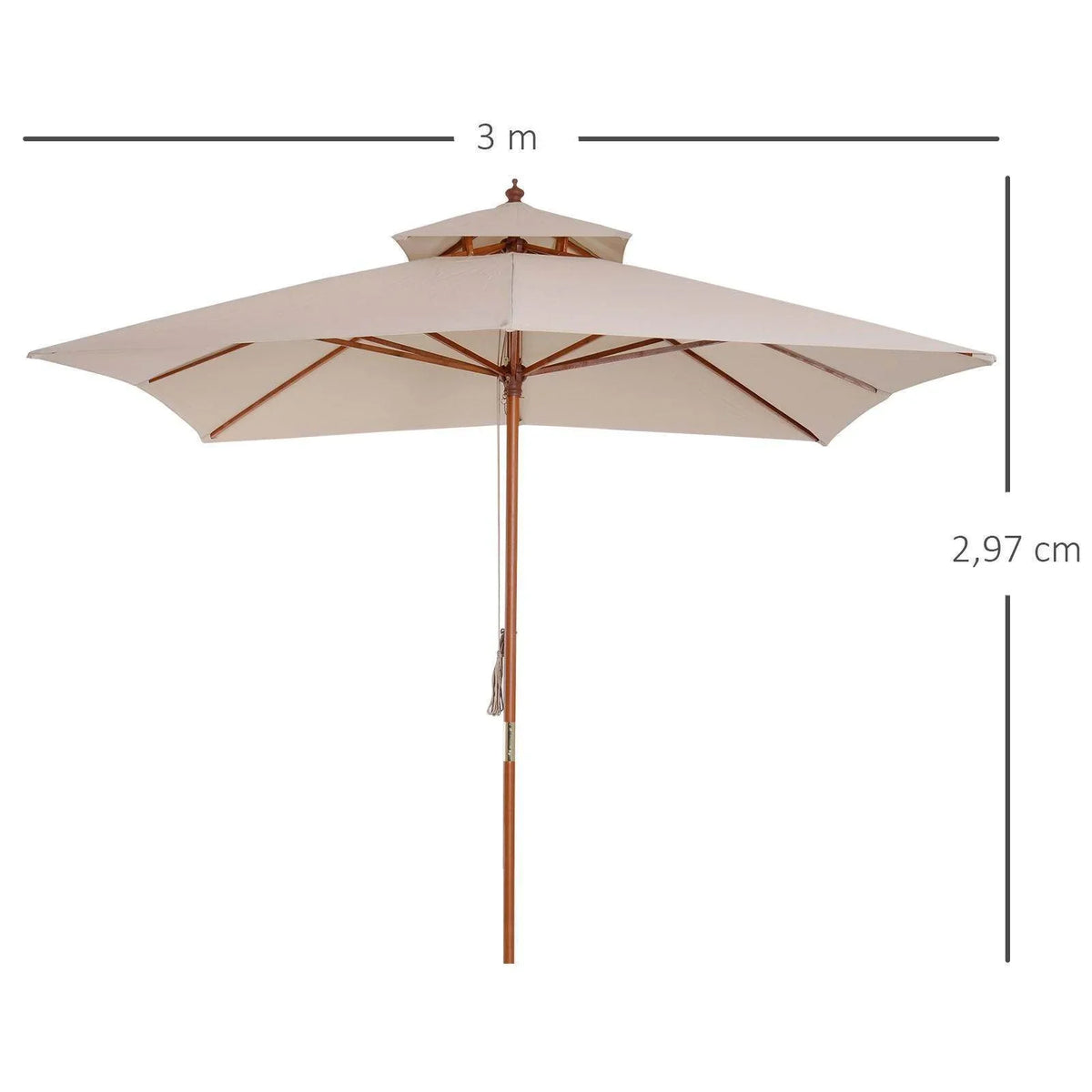 Beige patio parasol, 3 m canopy width and height shown with dimension lines